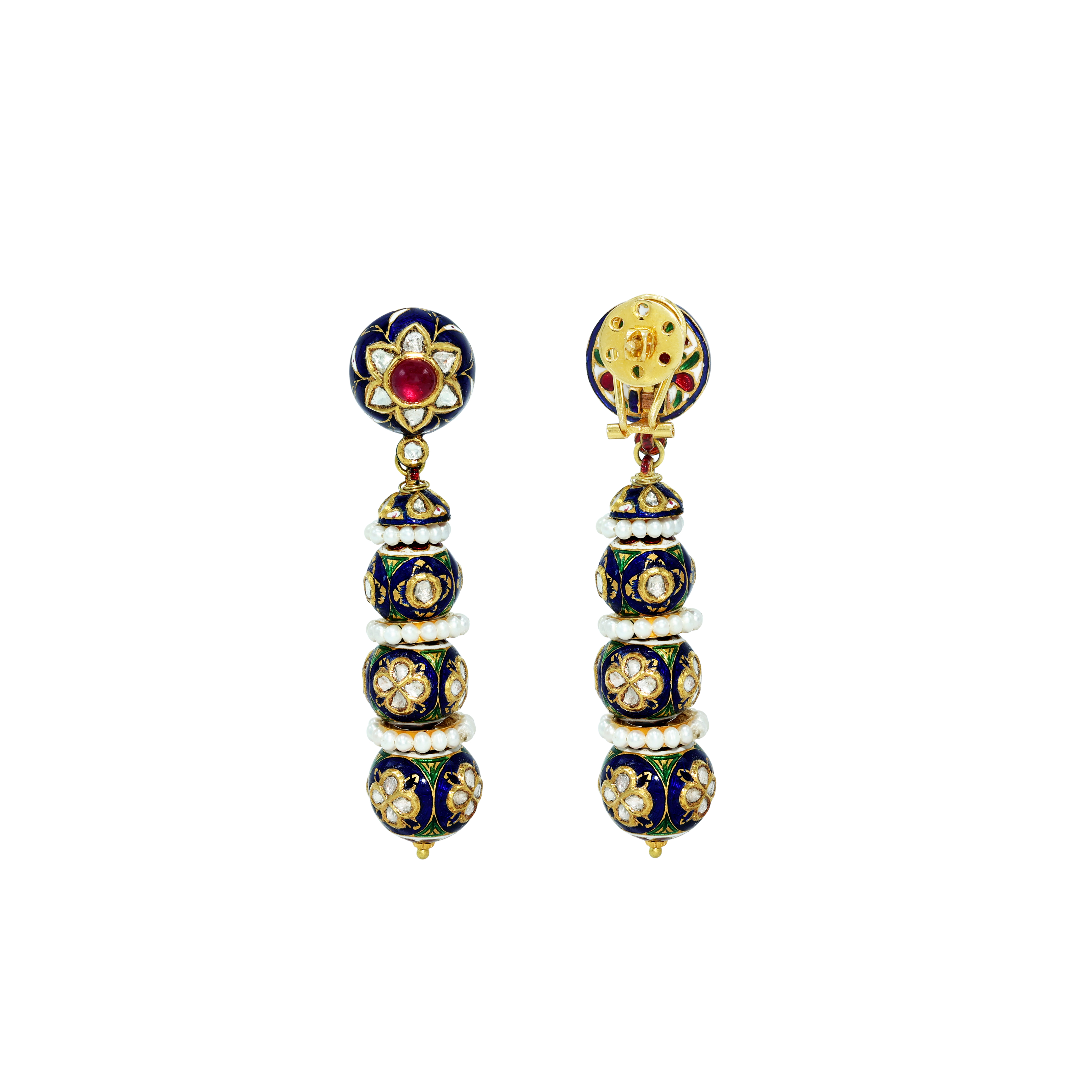 Floral Ruby Stud Earrings with Blue Meenakari and Polki Beads
